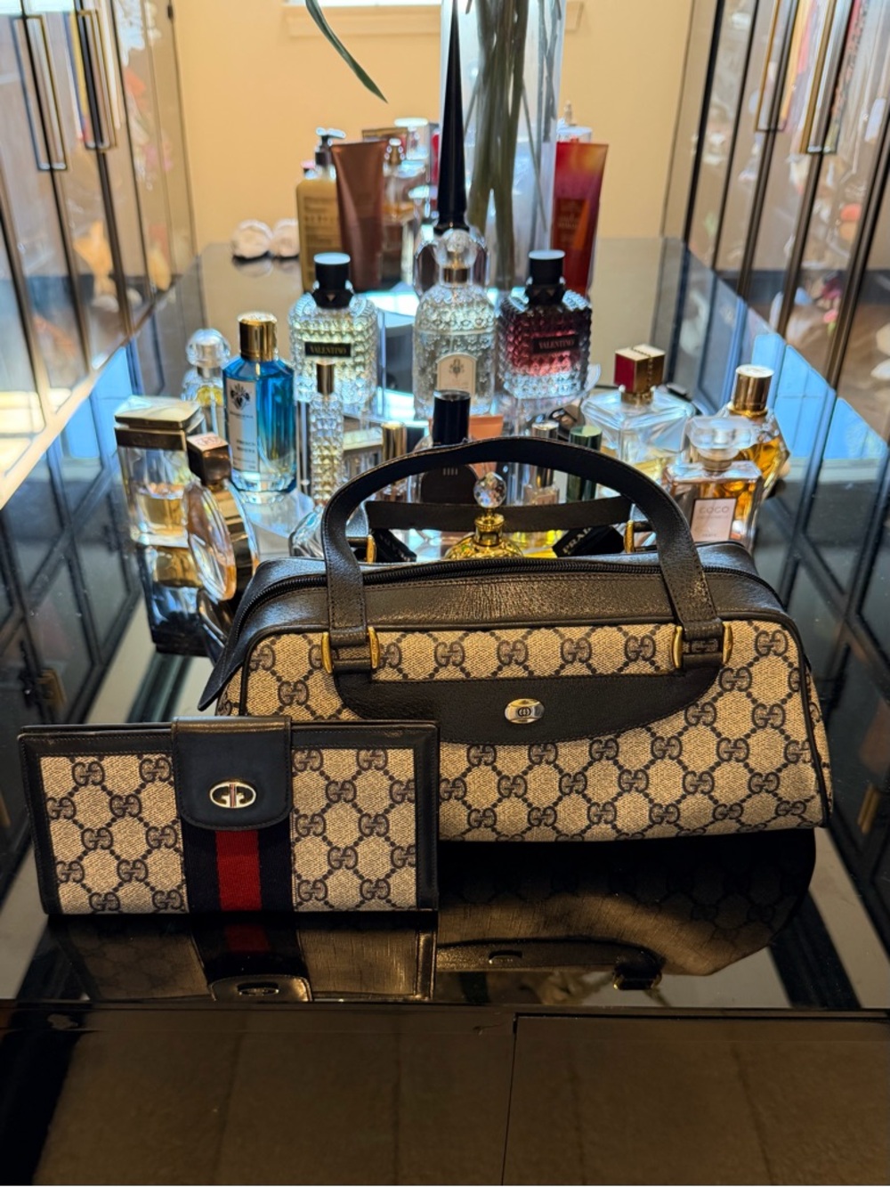 Gucci Blue/Gray GG Top-Handle Bag with Blue Trim and Red-Blue Stripe Wallet